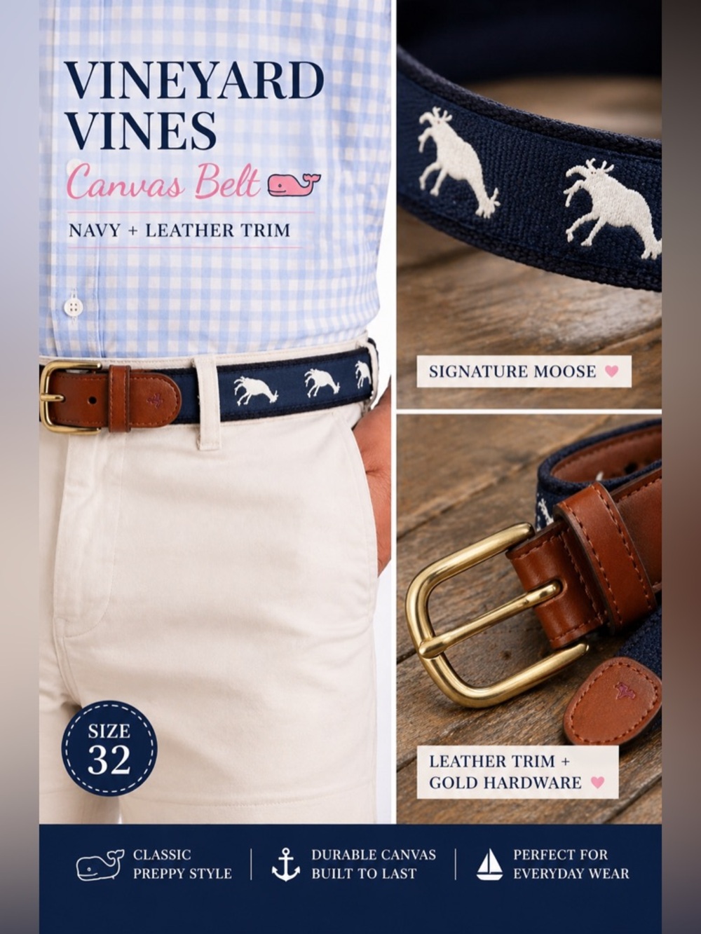 Vineyard Vines Signature Moose Canvas Belt Navy Leather Trim Size 32